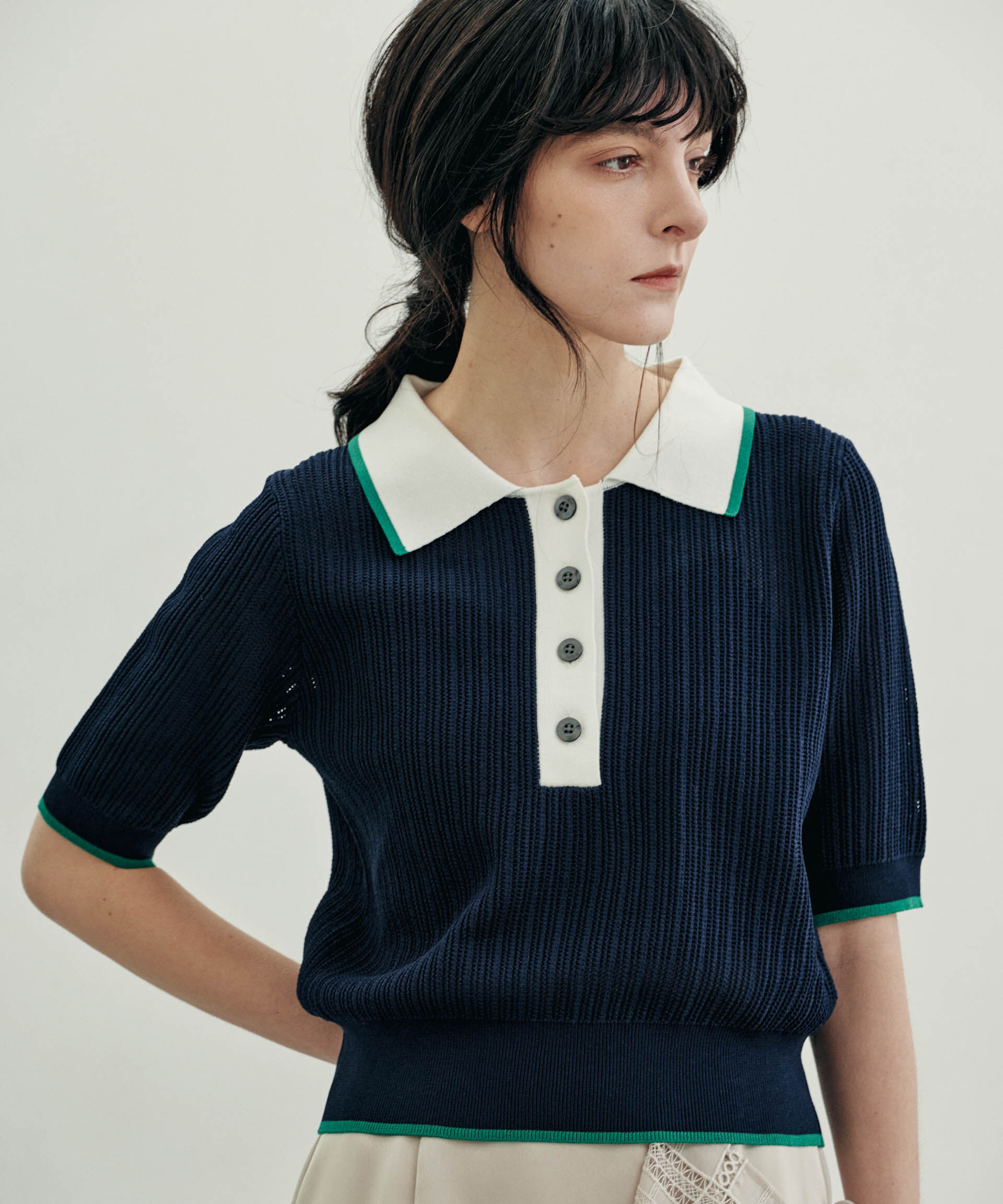 nano･universe「フレームラインアイレットポロニット」|ニット・セーター|ネイビー