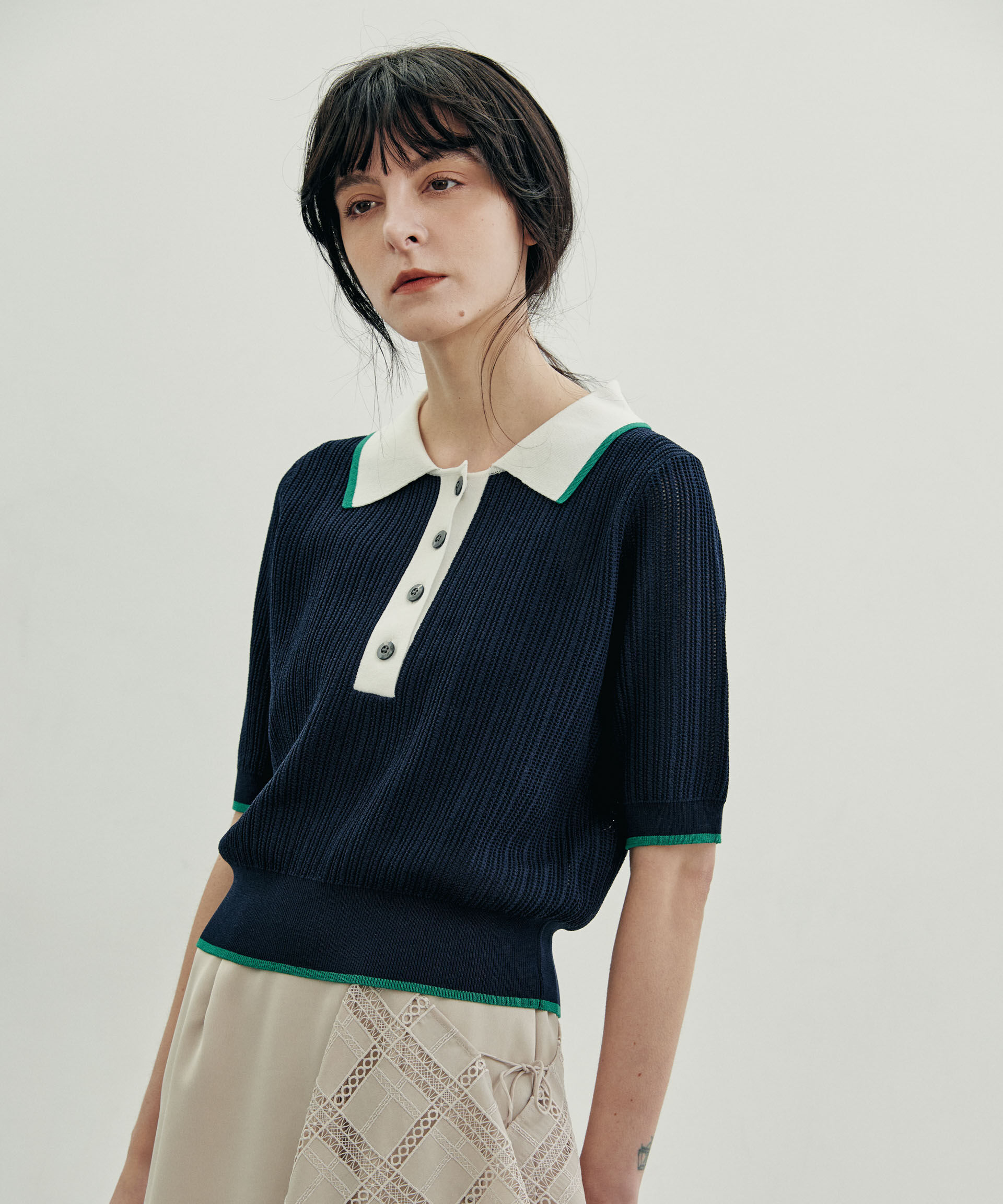nano･universe「フレームラインアイレットポロニット」|ニット・セーター|