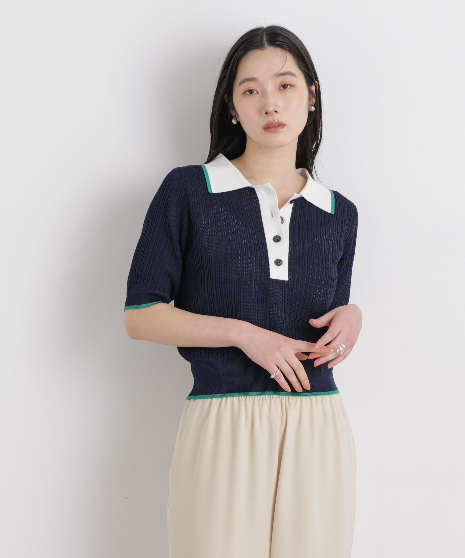 nano･universe「フレームラインアイレットポロニット」|ニット・セーター|