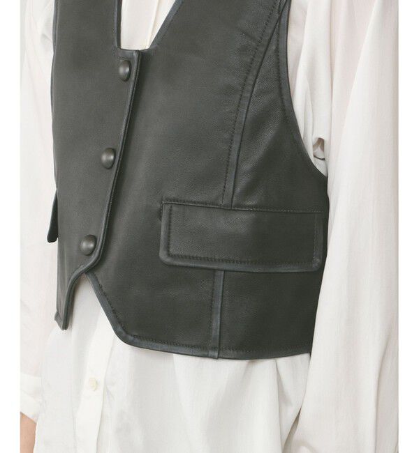  「レザーショートジレジャケット」|ノーカラージャケット|