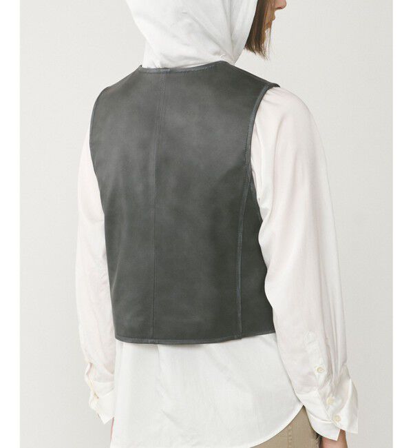  「レザーショートジレジャケット」|ノーカラージャケット|
