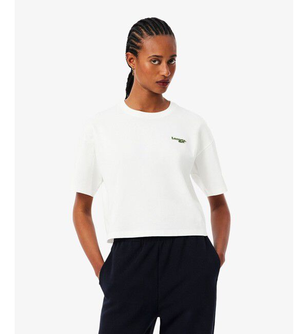 LACOSTE「ネーム＆ワニロゴパッチクロップド半袖Tシャツ」|Tシャツ・カットソー|ホワイト