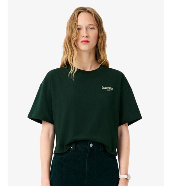 LACOSTE「ネーム＆ワニロゴパッチクロップド半袖Tシャツ」|Tシャツ・カットソー|ダークグリーン