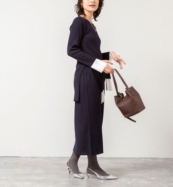 NOLLEY'S sophi「《手洗い可能》ウール混ワイドリブ袖口配色ロングワンピース」|ワンピース|ダークネイビー