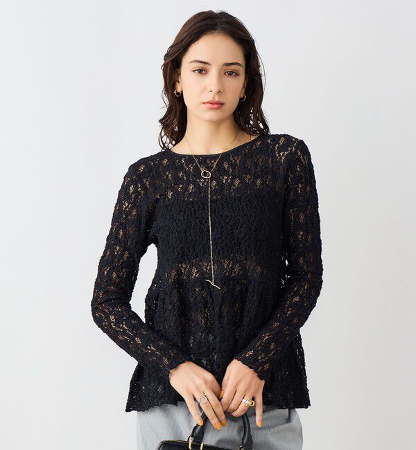 NOLLEY'S sophi「《セットアップ対応》ウォッシャブルストレッチレースペプラムプルオーバー」|シャツ・ブラウス|ブラック