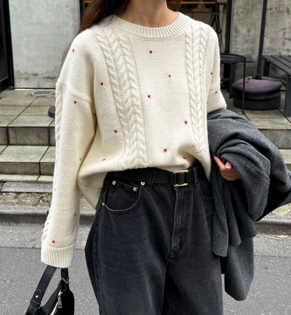 fredy emue「ハート刺繍柄編みニットプルオーバー」|ニット・セーター|オフホワイト