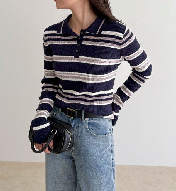 fredy emue「マルチボーダー衿付きリブニット」|ニット・セーター|