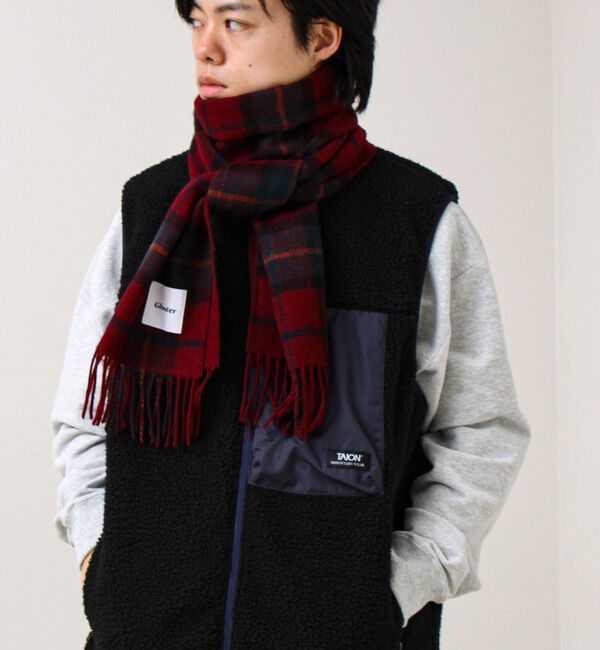 GLOSTER「【カシミヤブレンド】ウールリバーシブルチェックマフラー」|マフラー|レッド系１