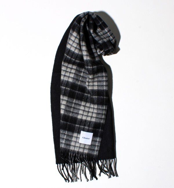 GLOSTER「【カシミヤブレンド】ウールリバーシブルチェックマフラー」|マフラー|ブラック・グレー系1