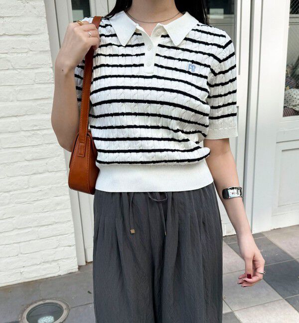 fredy emue「【大人気シリーズの新型登場！】FR刺しゅうケーブル柄半袖ポロ衿プルオーバーニット」|ニット・セーター|