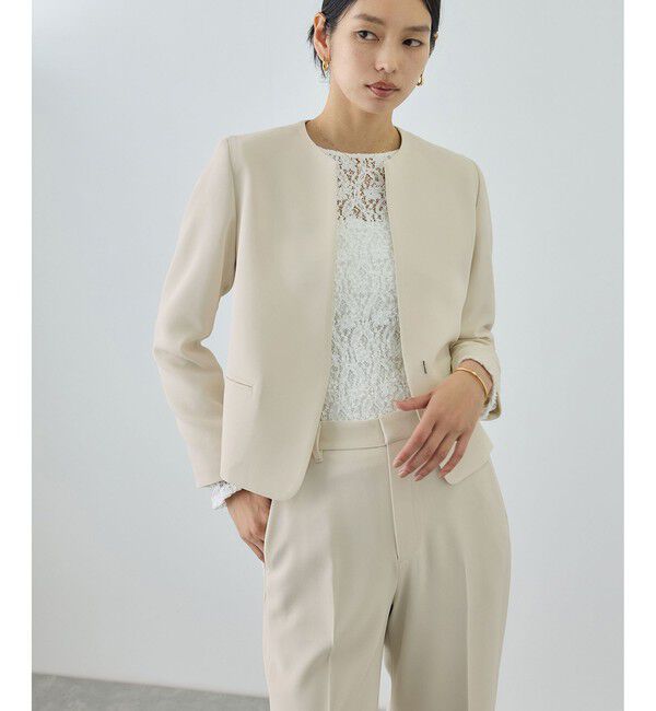 ROPE「トリアセダブルクロス クルーネックジャケット/セットアップ対応・イージーケア・26SS」|ノーカラージャケット|ベージュ(27)