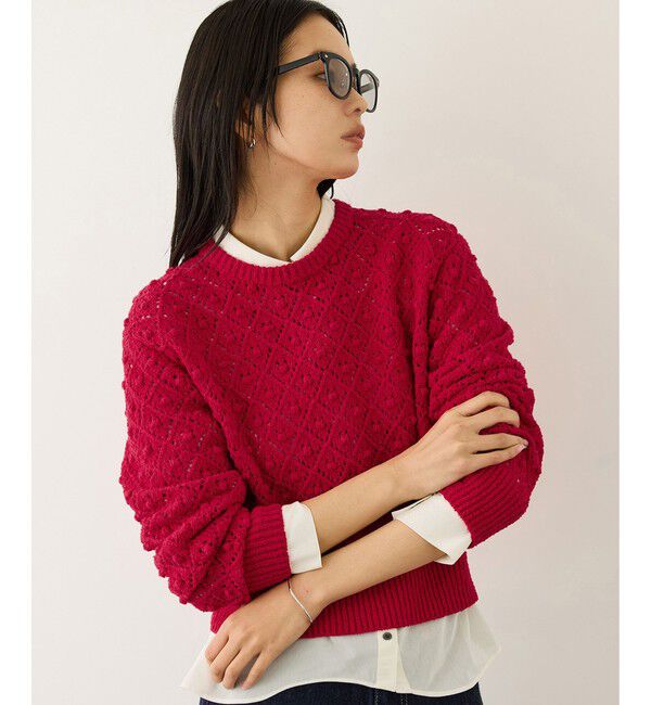 ROPE「ダイヤ柄ポップコーン編みプルオーバー/イージーケア」|ニット・セーター|レッド(60)