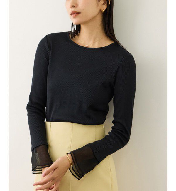 ROPE「シアーフレア袖ドッキングカットソー/イージーケア」|Tシャツ・カットソー|ブラック(01)