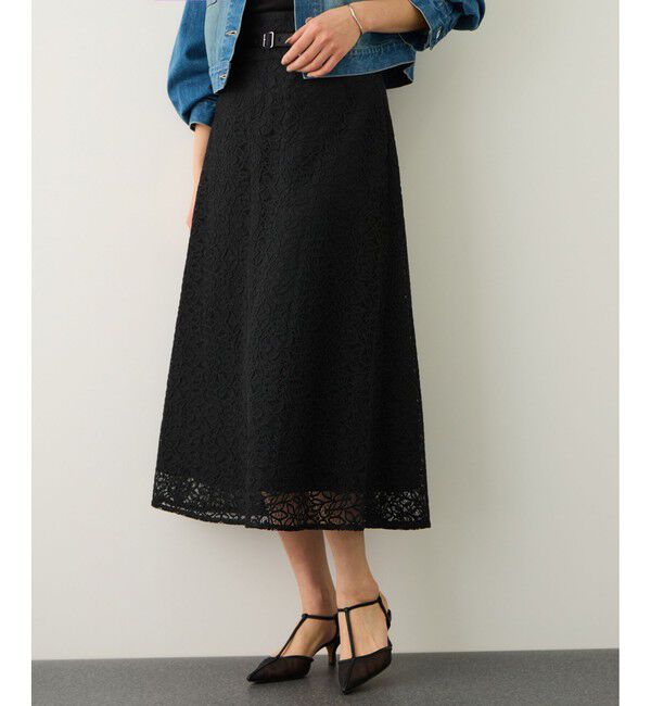 ROPE「ベルト付きセミフレアレーススカート/イージーケア」|スカート|ブラック(01)