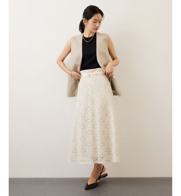 ROPE「ベルト付きセミフレアレーススカート/イージーケア」|スカート|