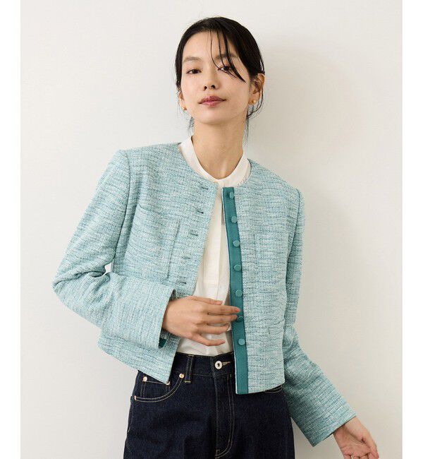 ROPE「ツイードノーカラージャケット」|ノーカラージャケット|ターコイズ(49)