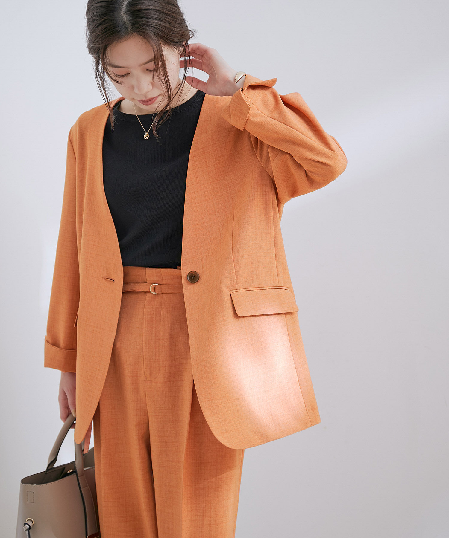 VIS「【洗える・接触冷感】美easyノーカラーVネックジャケット【セットアップ対応】」|ノーカラージャケット|