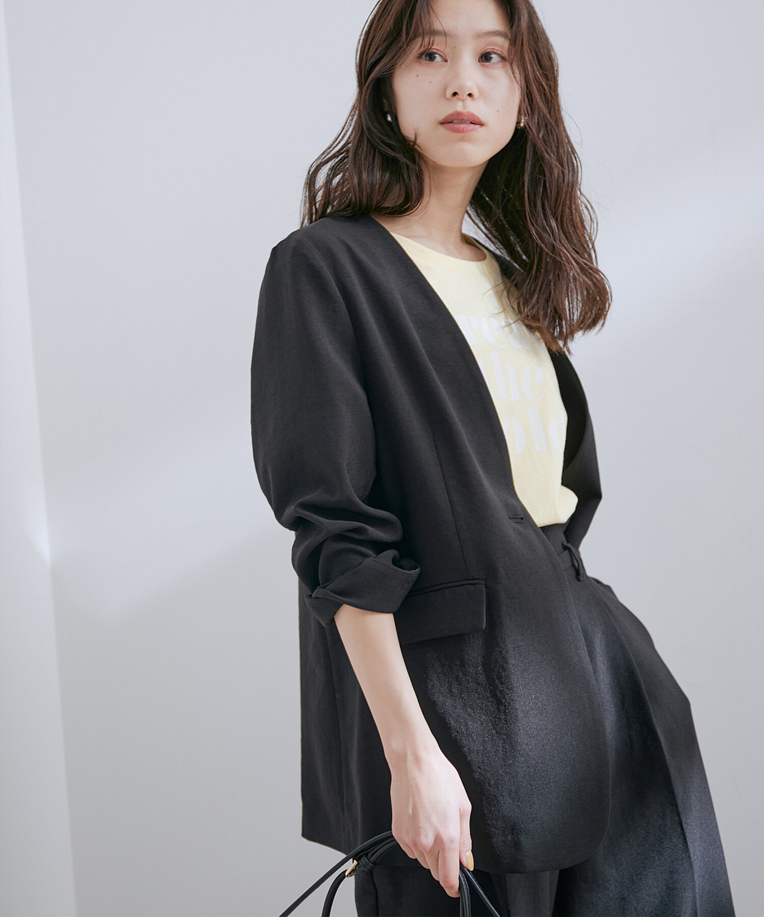 VIS「【洗える・接触冷感】美easyノーカラーVネックジャケット【セットアップ対応】」|ノーカラージャケット|