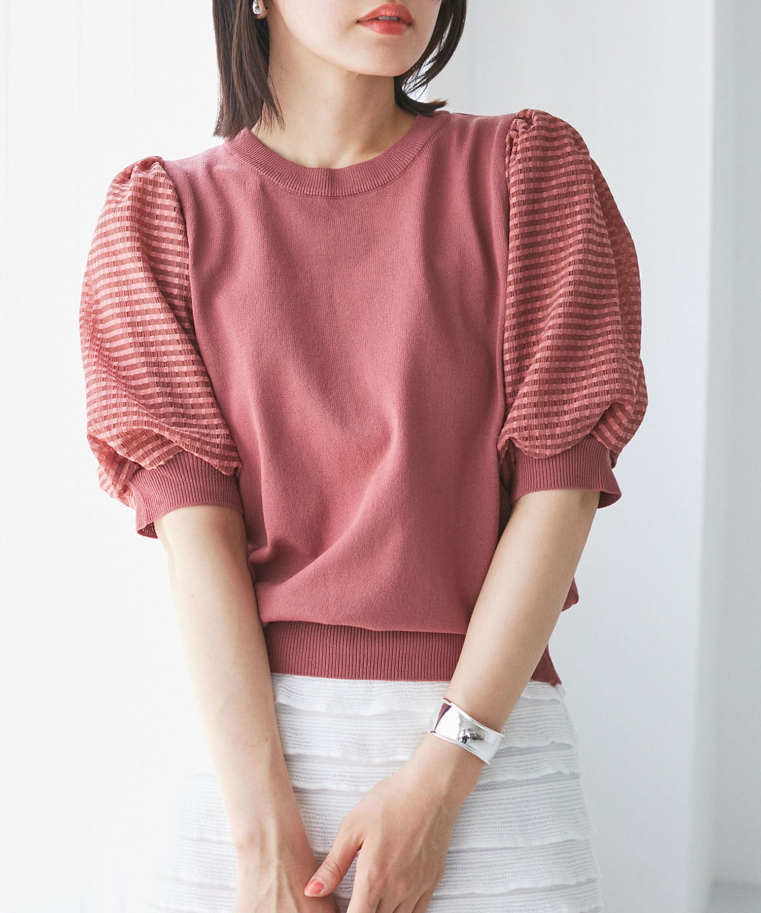 VIS「【夏トップス総選挙/お気に入り登録No.1】袖シアードッキングニット」|ニット・セーター|レンガ(75)