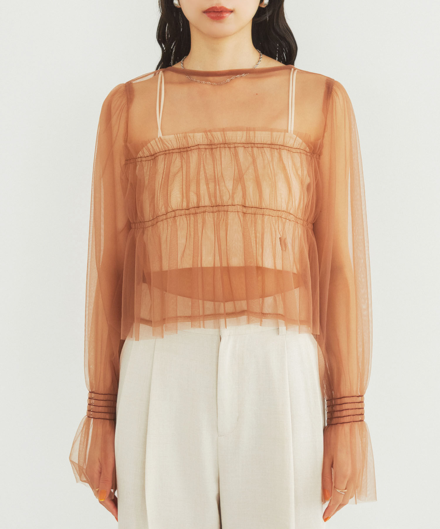 VIS「【前後2WAY】袖シャーリングチュールリボンブラウス」|シャツ・ブラウス|