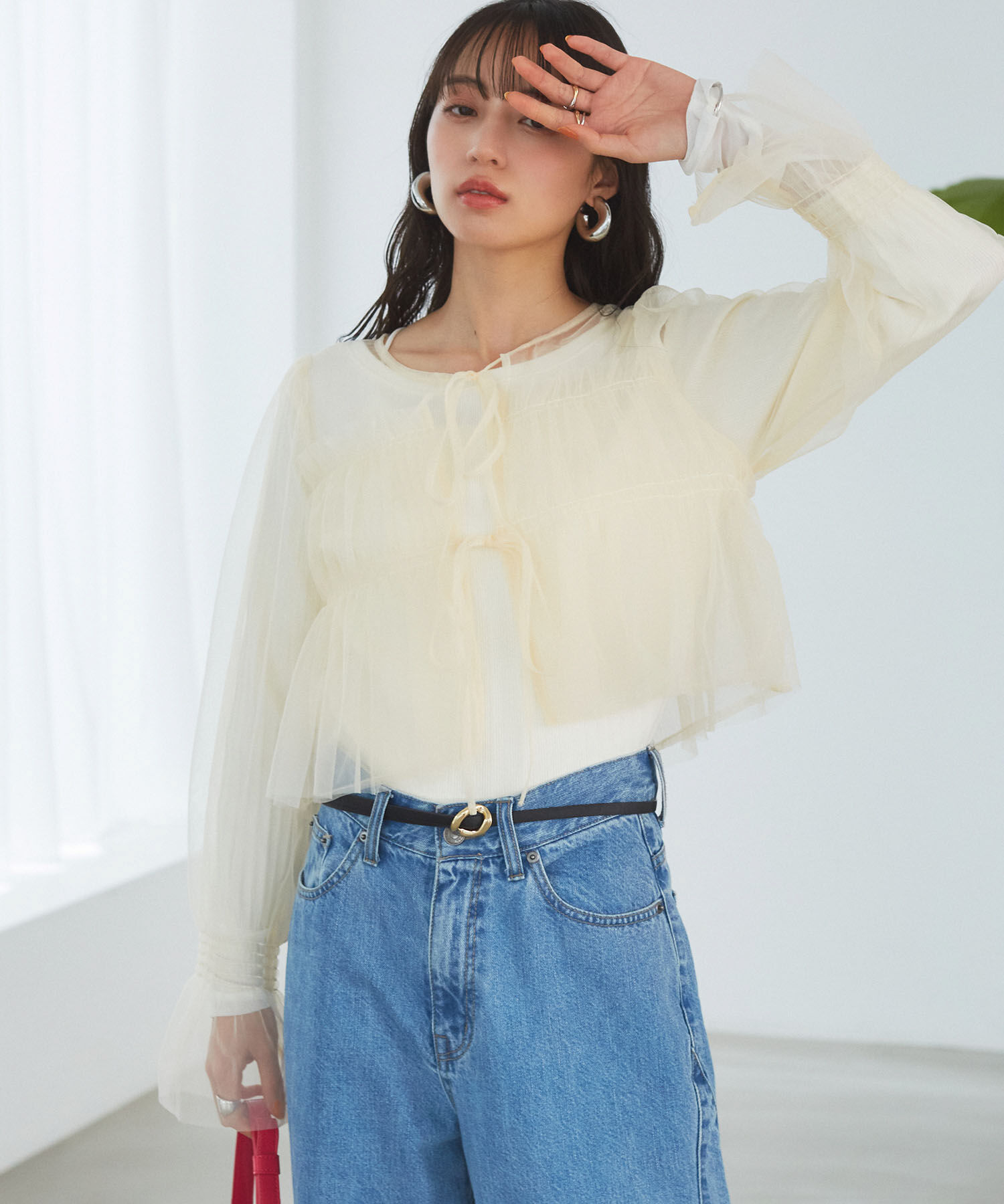 VIS「【前後2WAY】袖シャーリングチュールリボンブラウス」|シャツ・ブラウス|