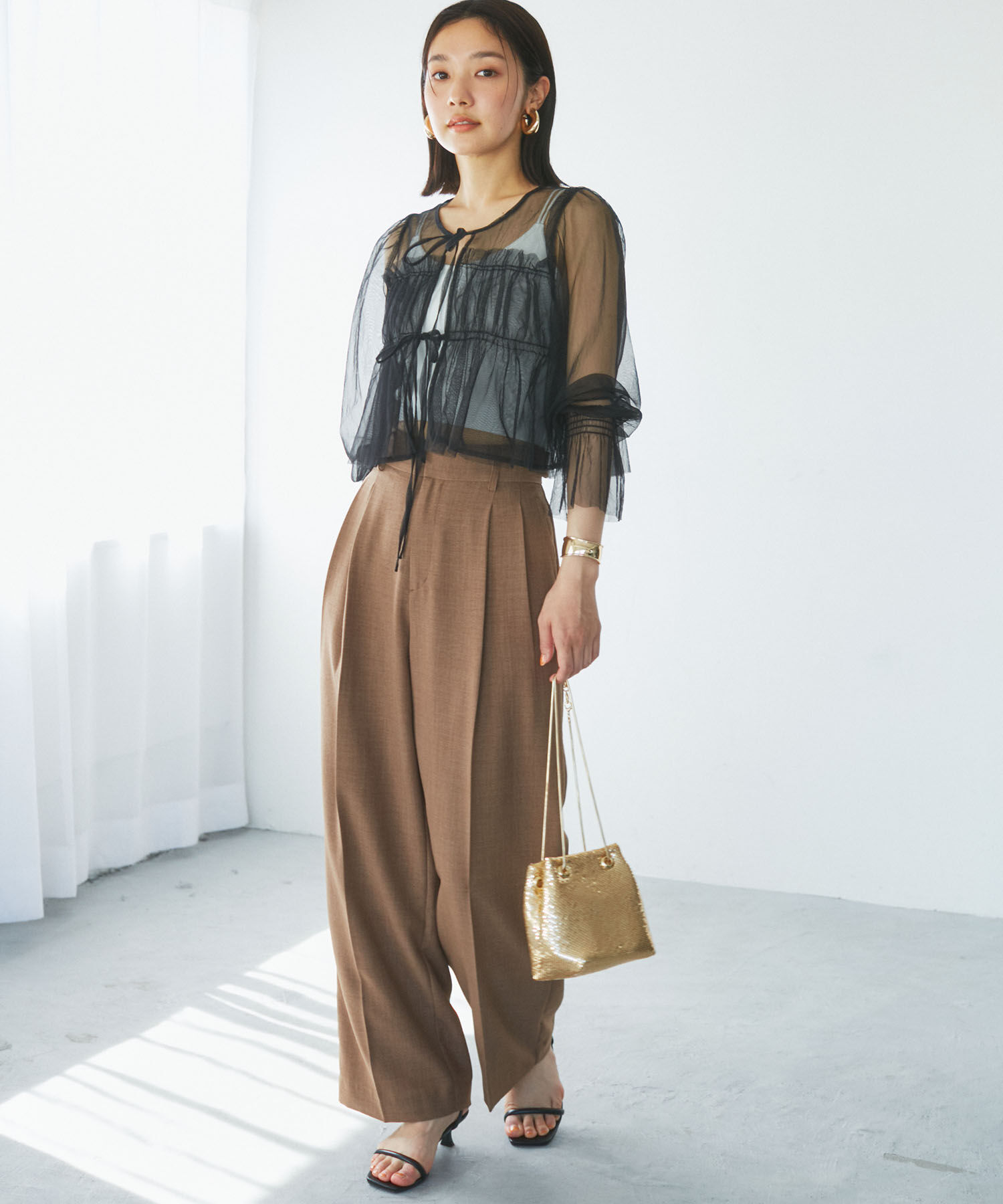 VIS「【前後2WAY】袖シャーリングチュールリボンブラウス」|シャツ・ブラウス|