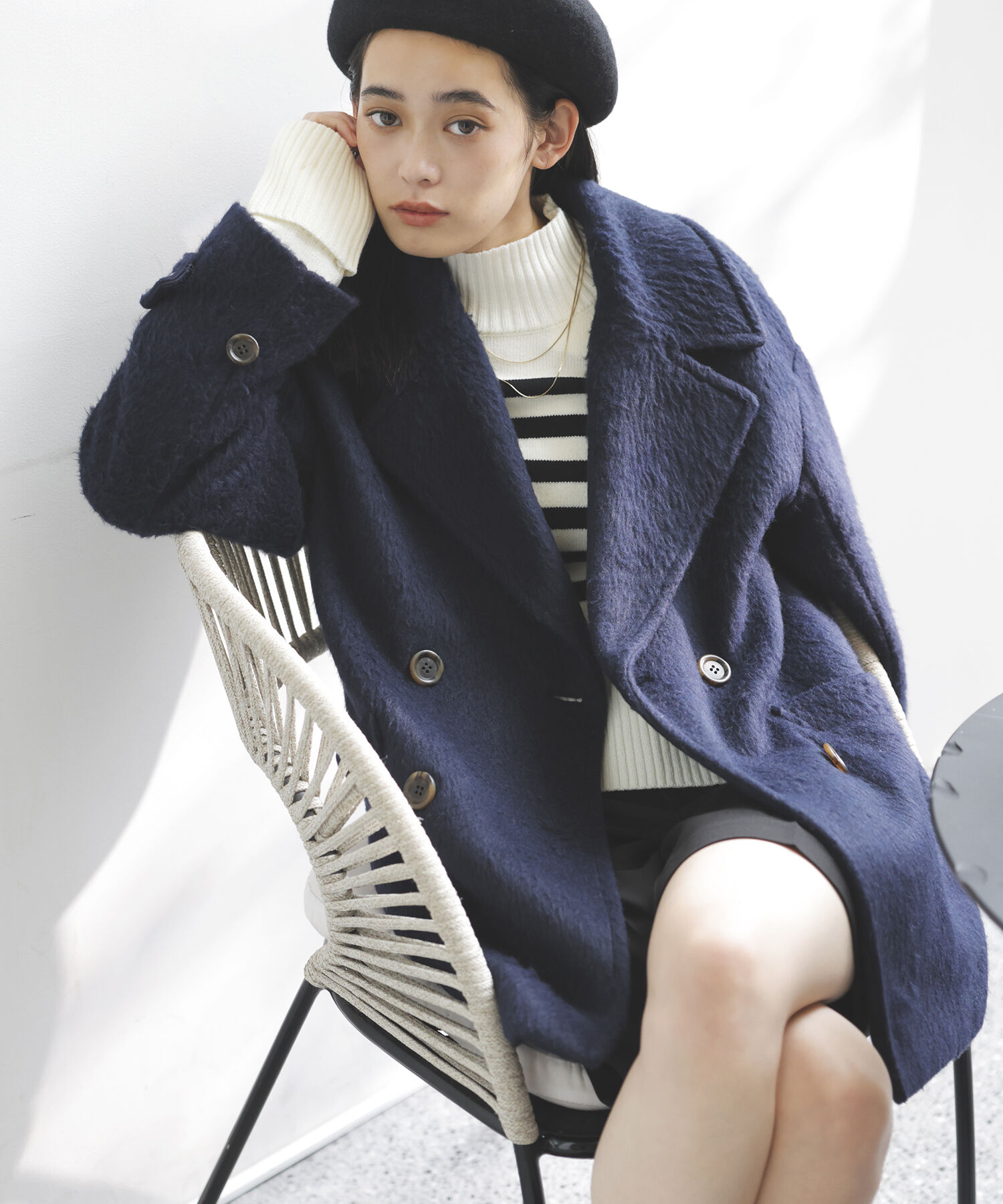 VIS「シャギーミディ丈Pコート」|ピーコート|ネイビー(40)