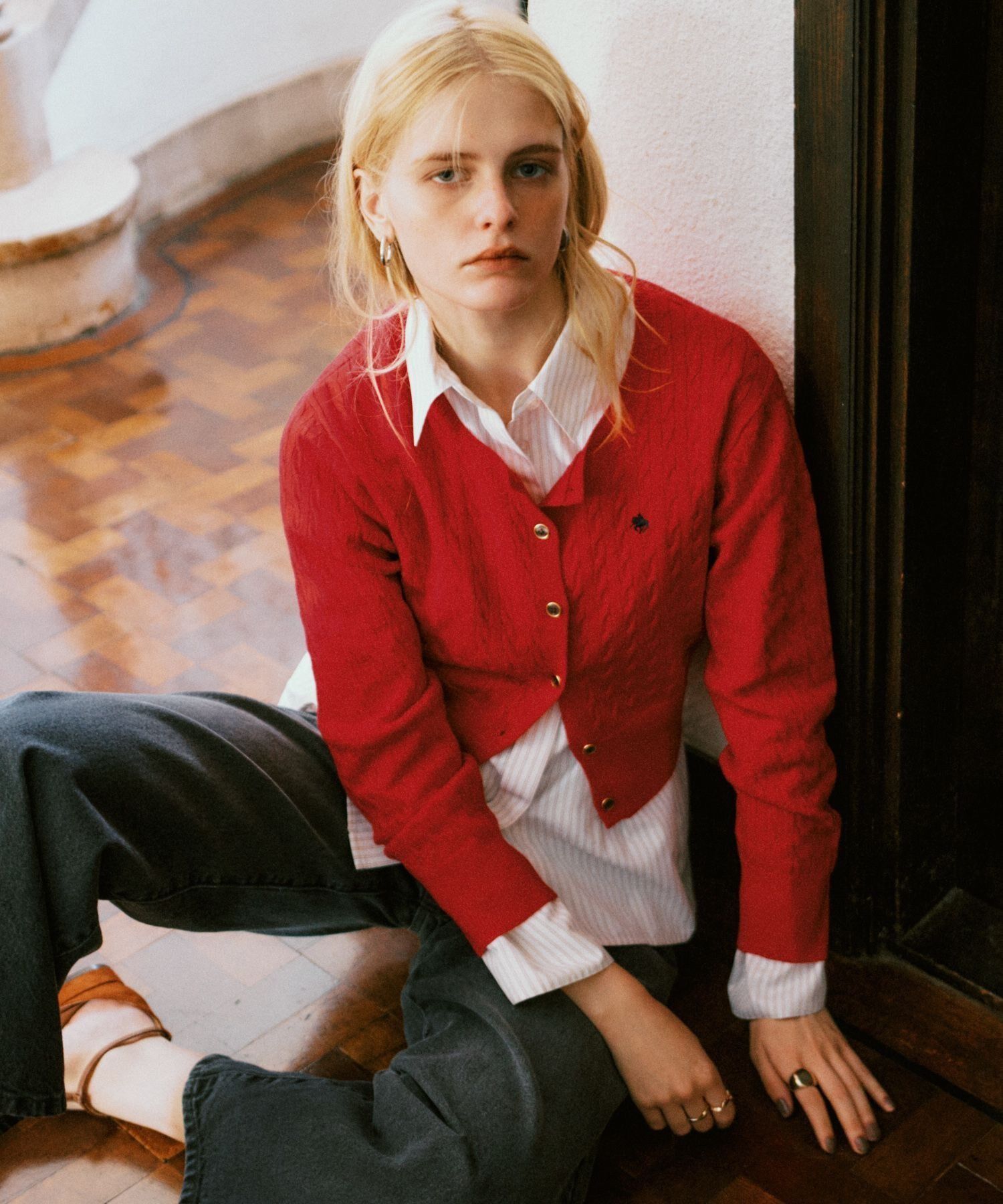 VIS「【POLO BCS】VIS別注ミニケーブルノーカラーニットカーディガン」|カーディガン|