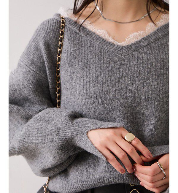VIS「Vネックレースニットプルオーバー」|ニット・セーター|グレー(07)