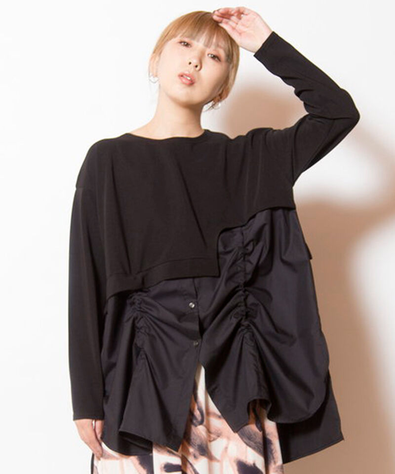  「ドローストリングシャツ切替プルオーバー」|シャツ・ブラウス|BLACK
