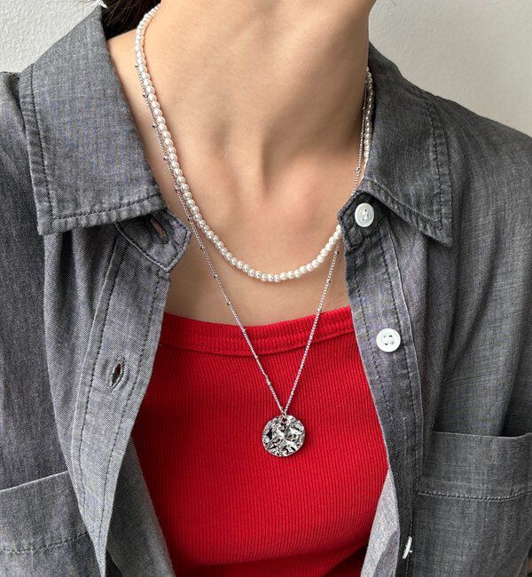  「パール&times;メタルプレートレイヤードネックレス」|ネックレス|シルバー