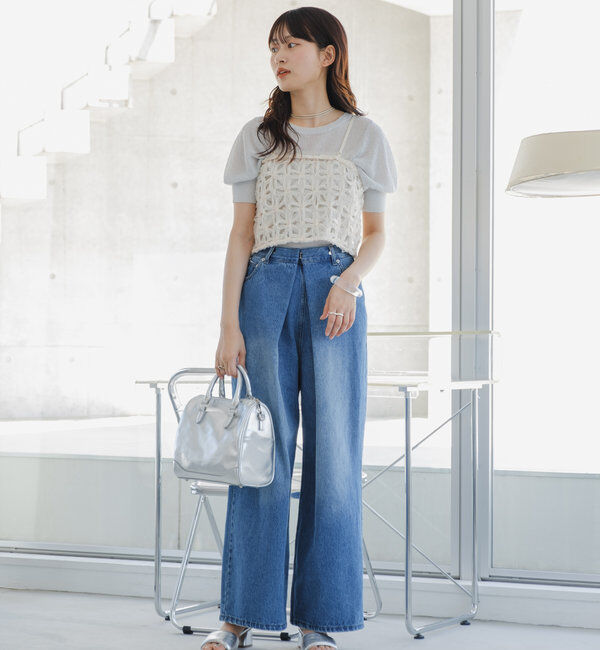  「【3サイズ】デニムタックワイドパンツ」|デニム|