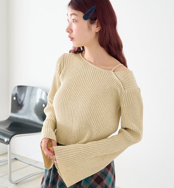  「【ボーダー＆無地】フレアスリーブリブニット」|ニット・セーター|