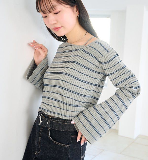  「【ボーダー＆無地】フレアスリーブリブニット」|ニット・セーター|