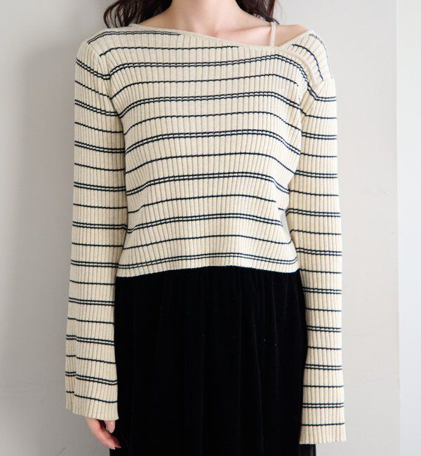  「【ボーダー＆無地】フレアスリーブリブニット」|ニット・セーター|