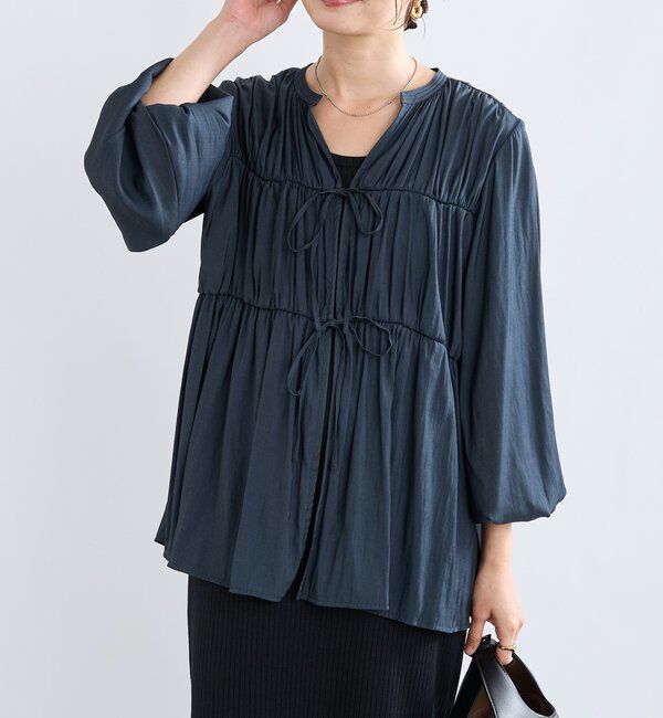  「【2WAY仕様】ギャザーストリングツイルブラウス」|シャツ・ブラウス|ネイビー