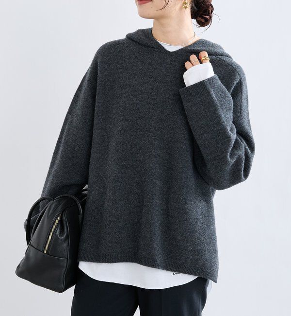  「【フードがアクセントに】ウール100ホールガーメントフーディ」|ニット・セーター|