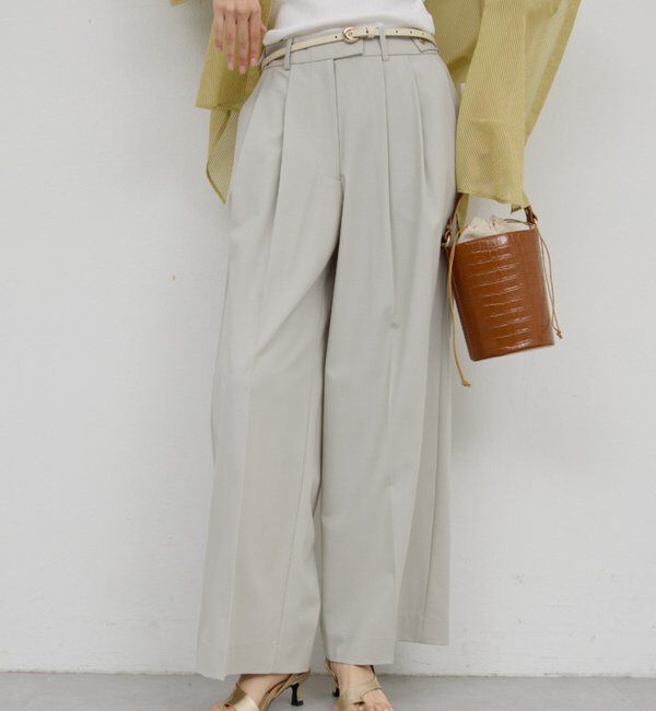  「【ウエスト調整可能】【手洗い可】梳毛タックワイドパンツ」|チノ|ライトグレー