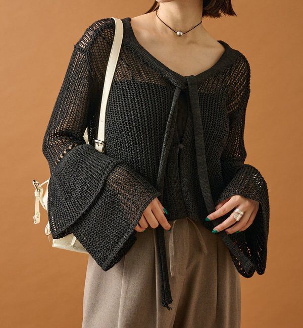  「フリルスリーブメッシュカーデ」|カーディガン|ブラック