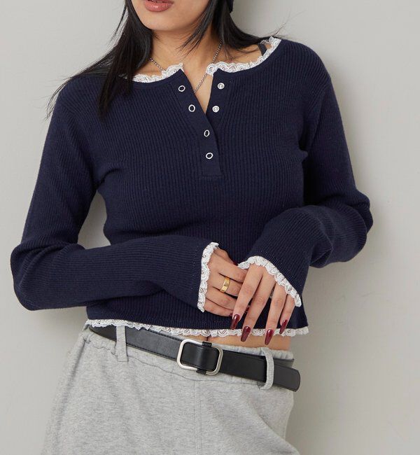  「レースレイヤードヘンリーニット」|ニット・セーター|ネイビー