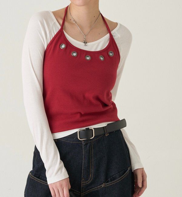  「アイレットホルターレイヤードトップス(無地/ボーダー/ドット)」|Tシャツ・カットソー|レッド