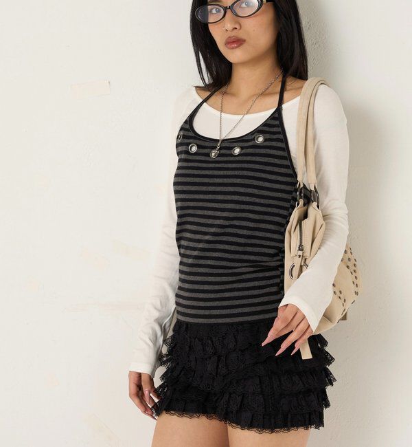  「アイレットホルターレイヤードトップス(無地/ボーダー/ドット)」|Tシャツ・カットソー|