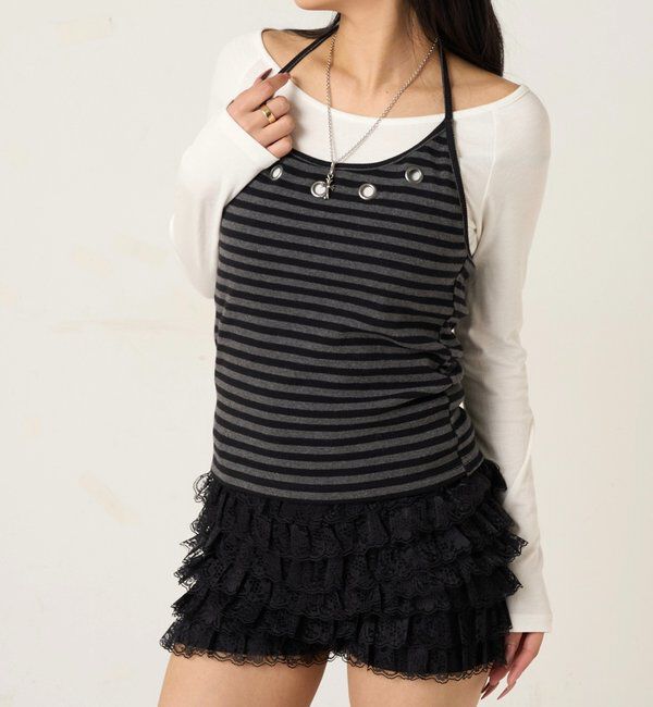  「アイレットホルターレイヤードトップス(無地/ボーダー/ドット)」|Tシャツ・カットソー|