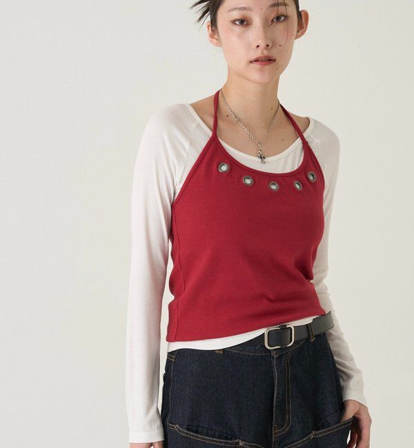  「アイレットホルターレイヤードトップス(無地/ボーダー/ドット)」|Tシャツ・カットソー|