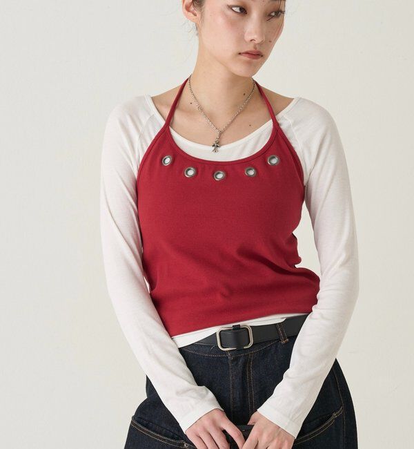  「アイレットホルターレイヤードトップス(無地/ボーダー/ドット)」|Tシャツ・カットソー|