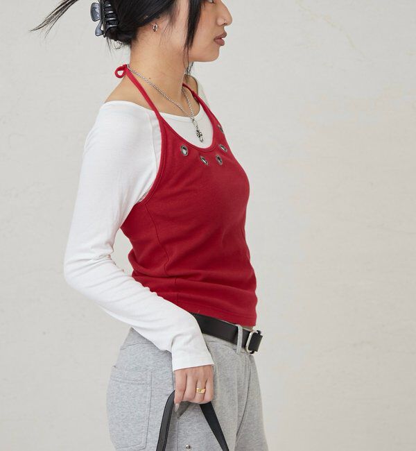  「アイレットホルターレイヤードトップス(無地/ボーダー/ドット)」|Tシャツ・カットソー|