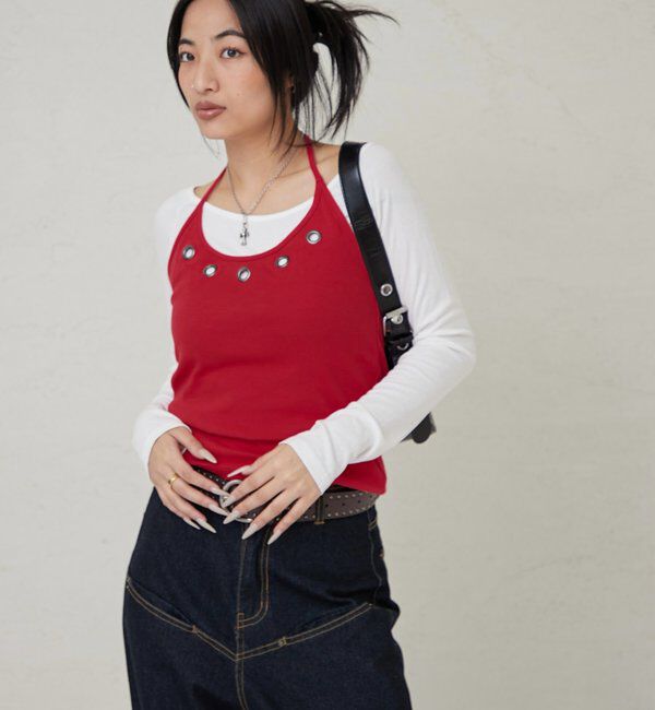  「アイレットホルターレイヤードトップス(無地/ボーダー/ドット)」|Tシャツ・カットソー|