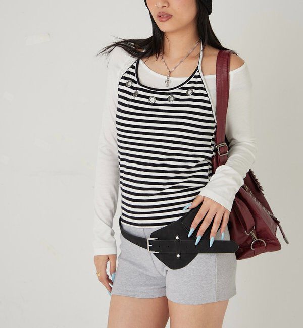  「アイレットホルターレイヤードトップス(無地/ボーダー/ドット)」|Tシャツ・カットソー|