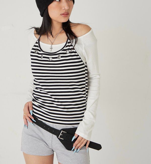  「アイレットホルターレイヤードトップス(無地/ボーダー/ドット)」|Tシャツ・カットソー|