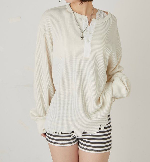  「【FromVintage】ダメージワッフルヘンリーL/STEE」|Tシャツ・カットソー|